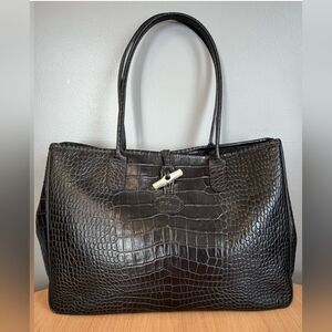 RESERVE FOR BUYER RIN  LONGCHAMP ITALY Black Leather Croc-Embossed large